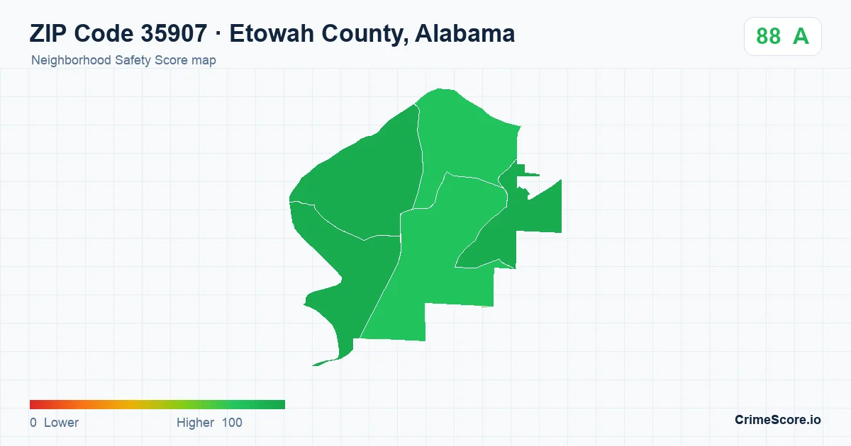 ZIP Code 35907 in Etowah County, Alabama neighborhood Safety Score map
