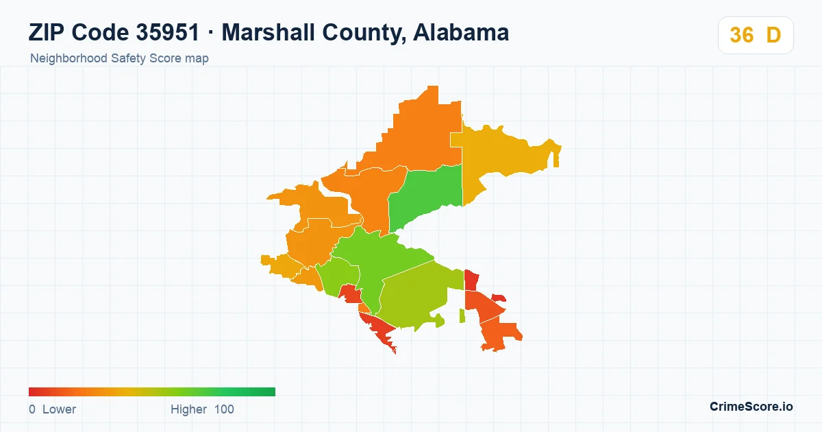 ZIP Code 35951 in Marshall County, Alabama neighborhood Safety Score map