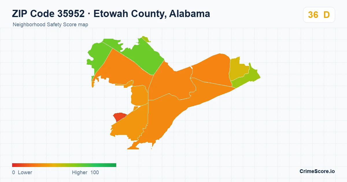 ZIP Code 35952 in Etowah County, Alabama neighborhood Safety Score map