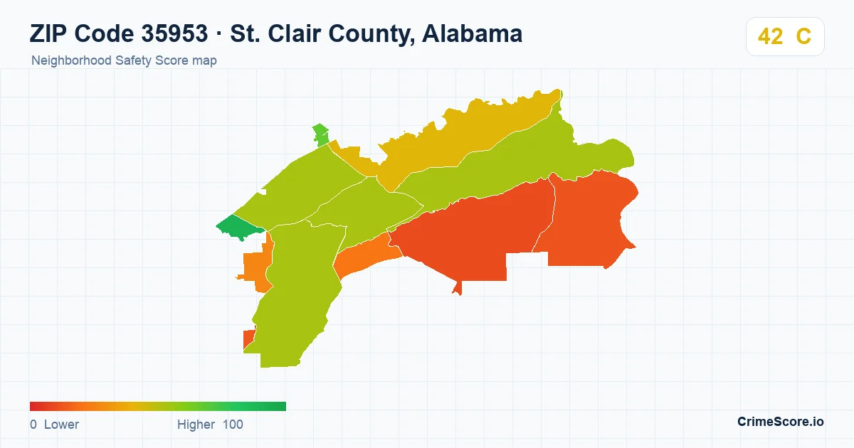 ZIP Code 35953 in St. Clair County, Alabama neighborhood Safety Score map