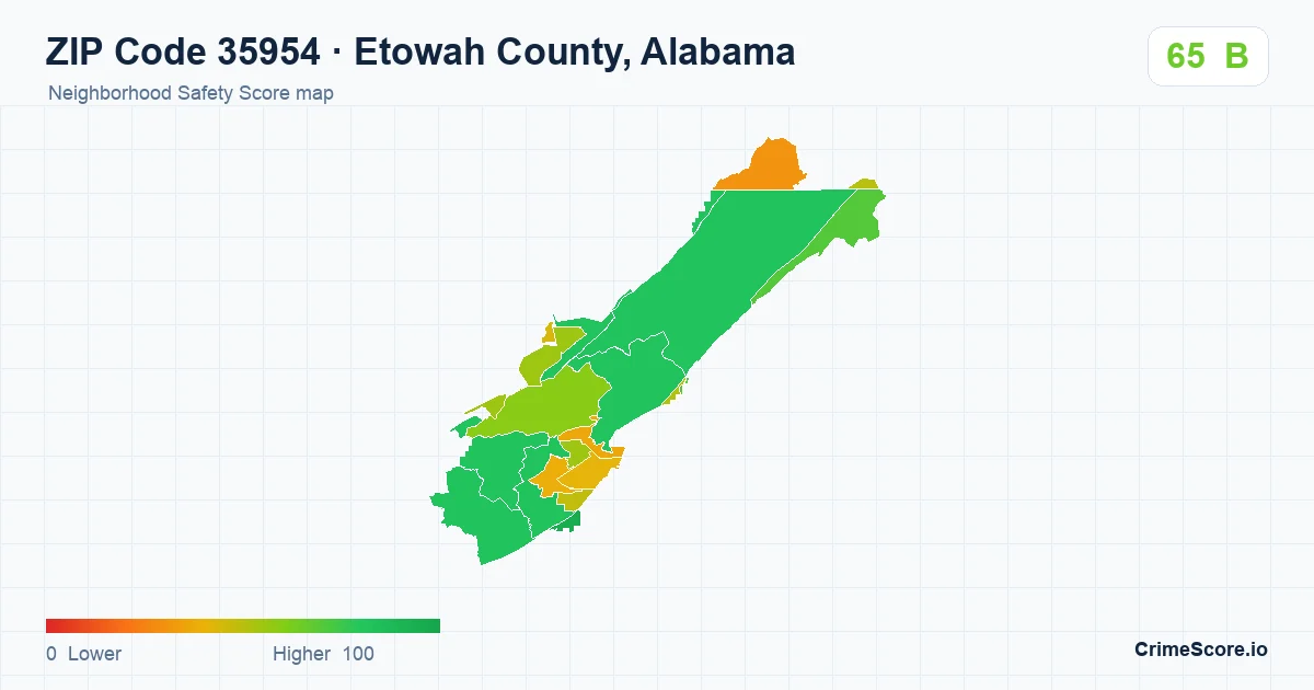 ZIP Code 35954 in Etowah County, Alabama neighborhood Safety Score map