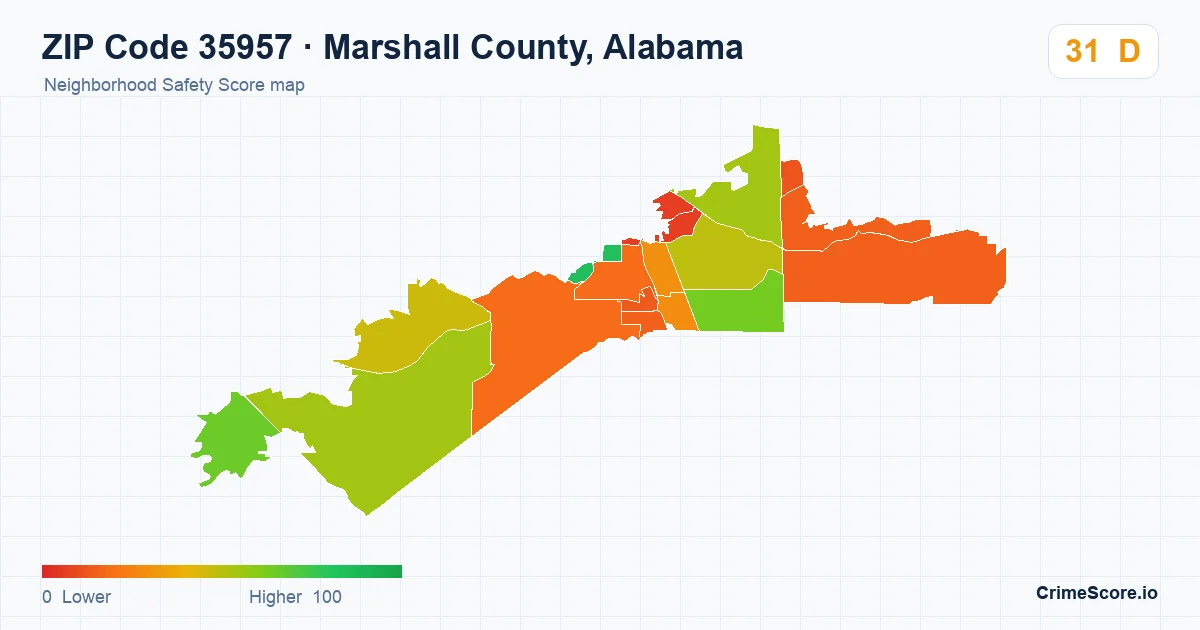 ZIP Code 35957 in Marshall County, Alabama neighborhood Safety Score map