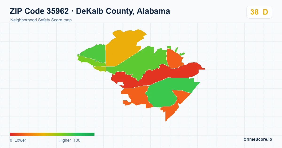 ZIP Code 35962 in DeKalb County, Alabama neighborhood Safety Score map