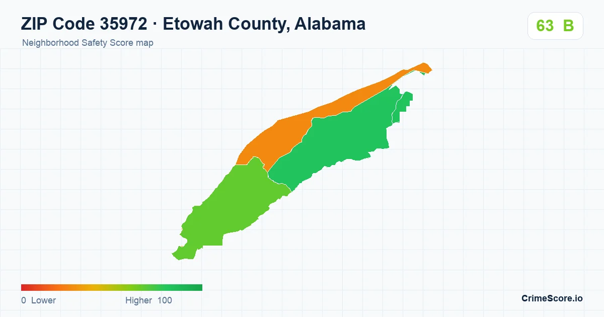 ZIP Code 35972 in Etowah County, Alabama neighborhood Safety Score map
