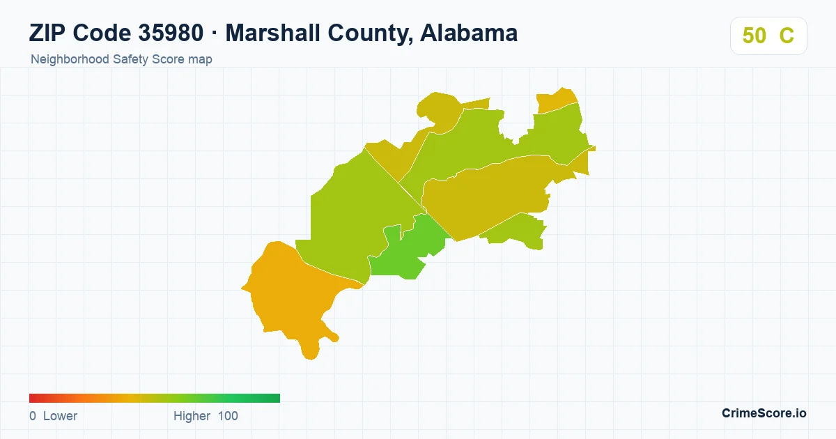 ZIP Code 35980 in Marshall County, Alabama neighborhood Safety Score map