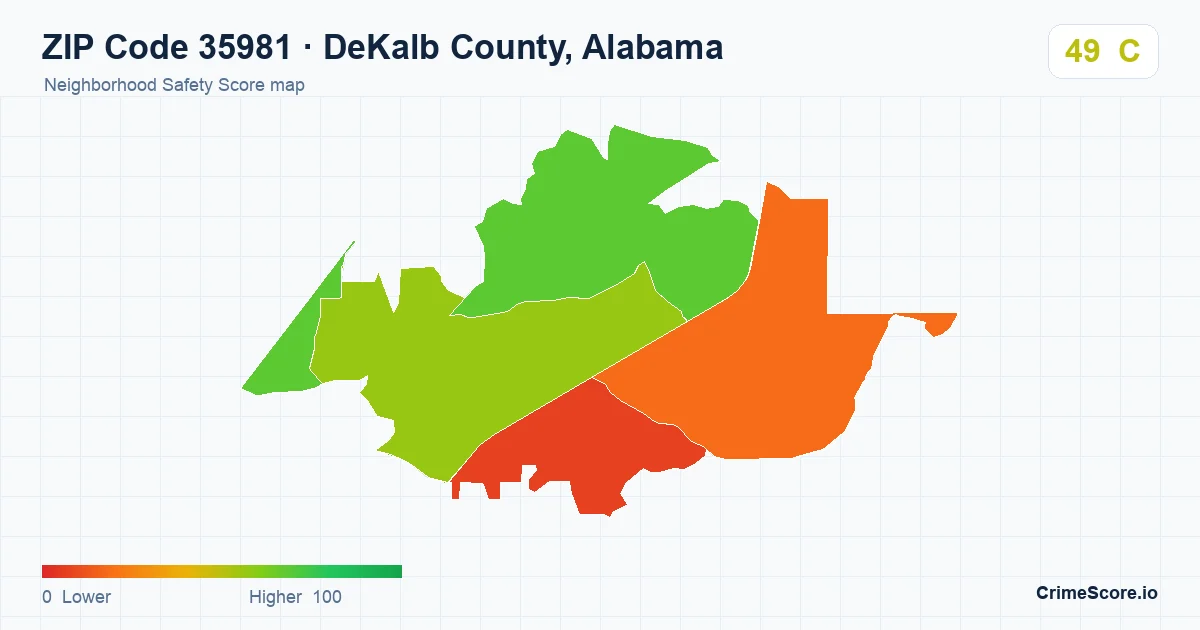 ZIP Code 35981 in DeKalb County, Alabama neighborhood Safety Score map
