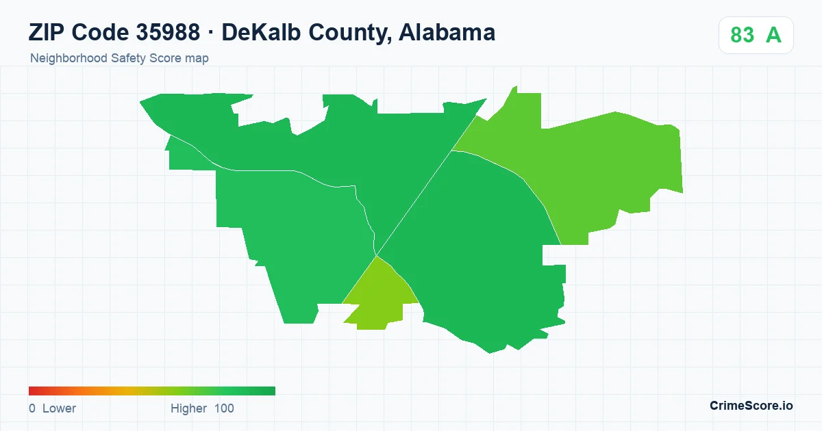 ZIP Code 35988 in DeKalb County, Alabama neighborhood Safety Score map