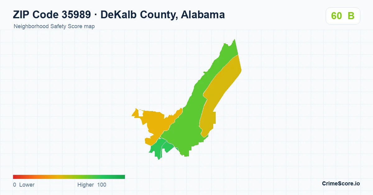 ZIP Code 35989 in DeKalb County, Alabama neighborhood Safety Score map