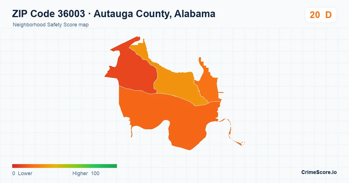 ZIP Code 36003 in Autauga County, Alabama neighborhood Safety Score map