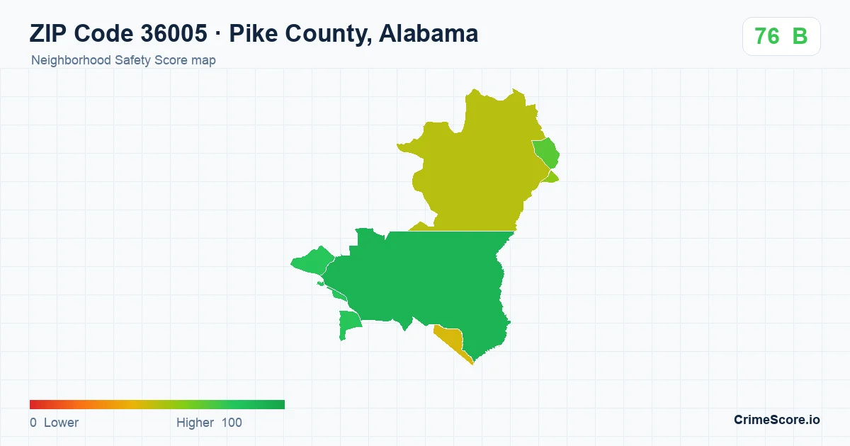 ZIP Code 36005 in Pike County, Alabama neighborhood Safety Score map