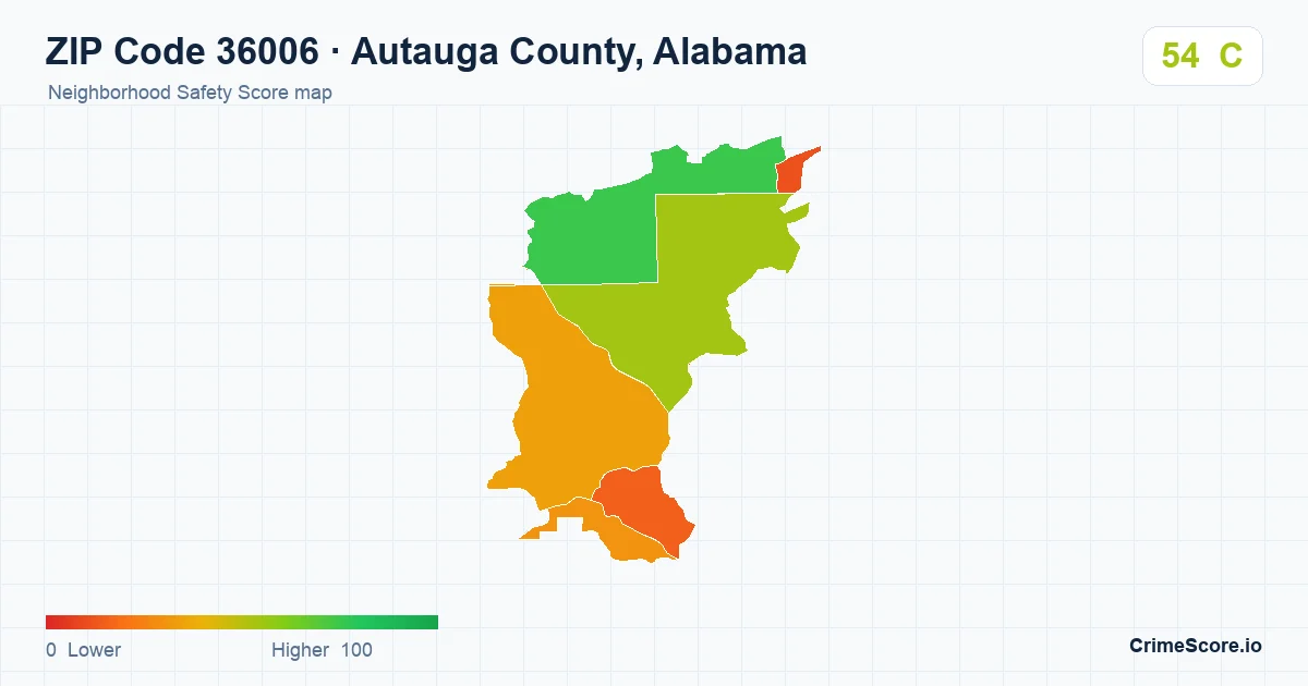 ZIP Code 36006 in Autauga County, Alabama neighborhood Safety Score map