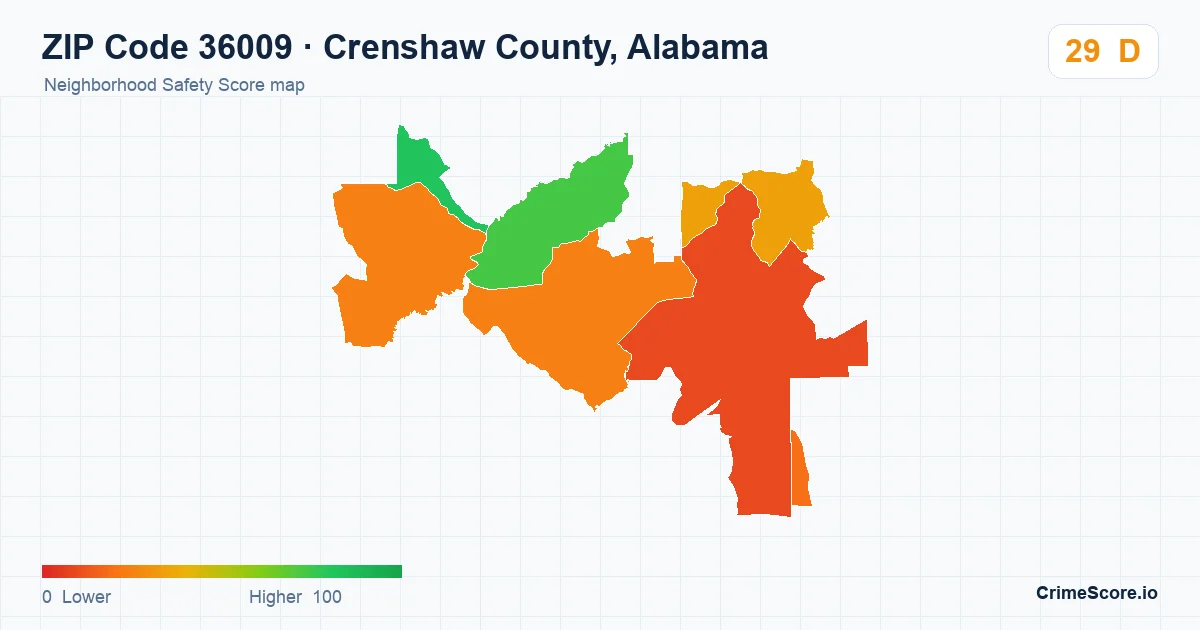 ZIP Code 36009 in Crenshaw County, Alabama neighborhood Safety Score map