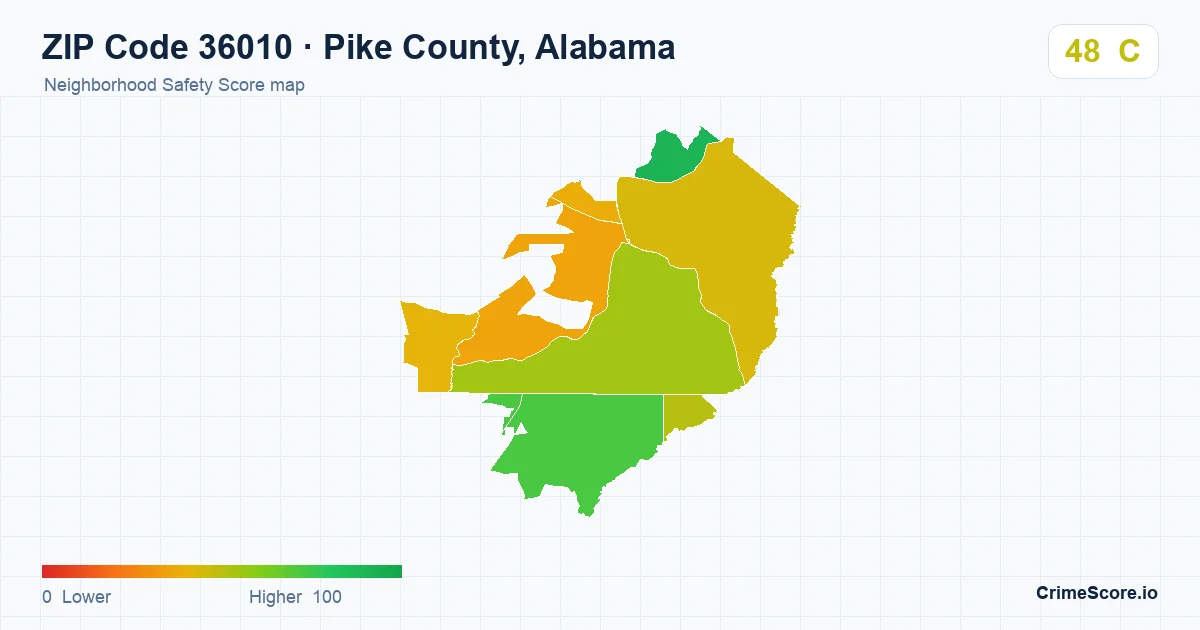 ZIP Code 36010 in Pike County, Alabama neighborhood Safety Score map
