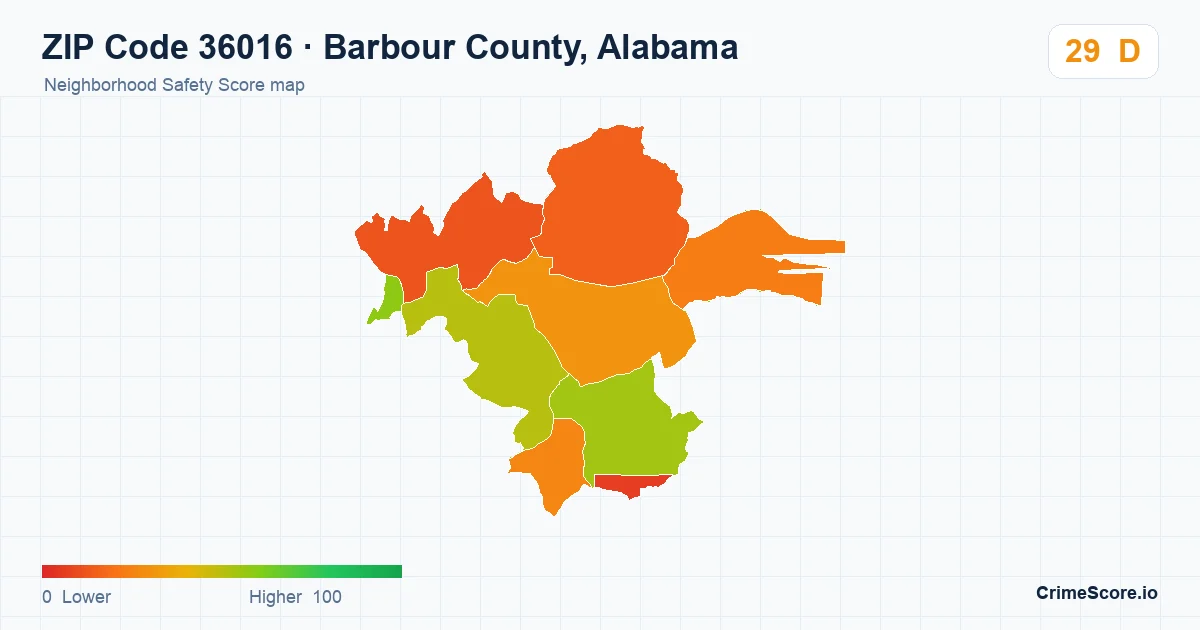 ZIP Code 36016 in Barbour County, Alabama neighborhood Safety Score map