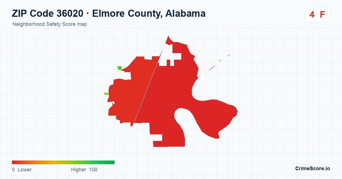 ZIP Code 36020 in Elmore County, Alabama neighborhood Safety Score map