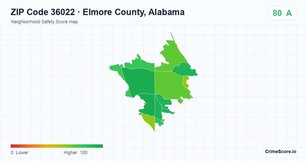 ZIP Code 36022 in Elmore County, Alabama neighborhood Safety Score map
