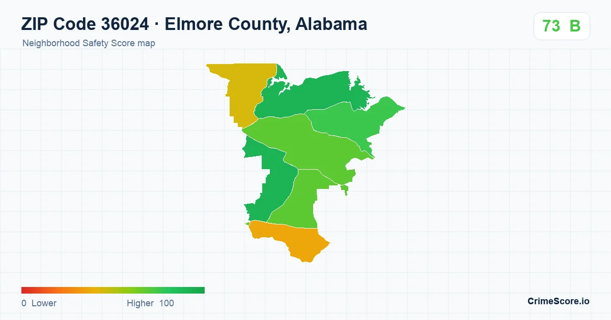 ZIP Code 36024 in Elmore County, Alabama neighborhood Safety Score map