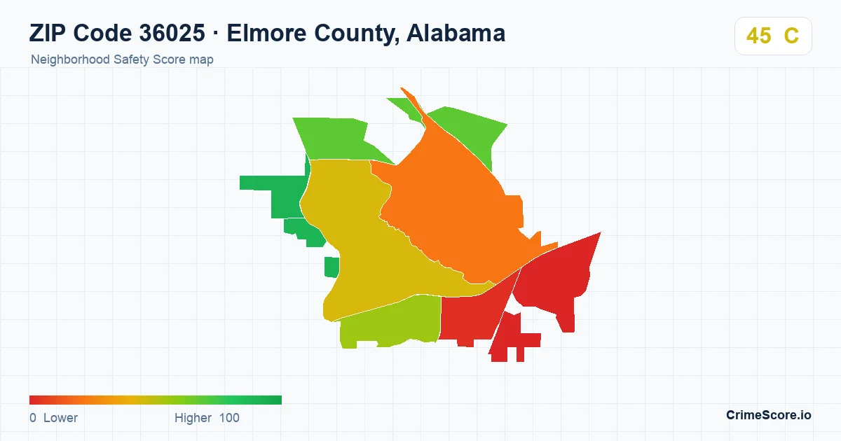 ZIP Code 36025 in Elmore County, Alabama neighborhood Safety Score map