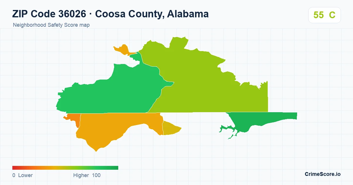 ZIP Code 36026 in Coosa County, Alabama neighborhood Safety Score map