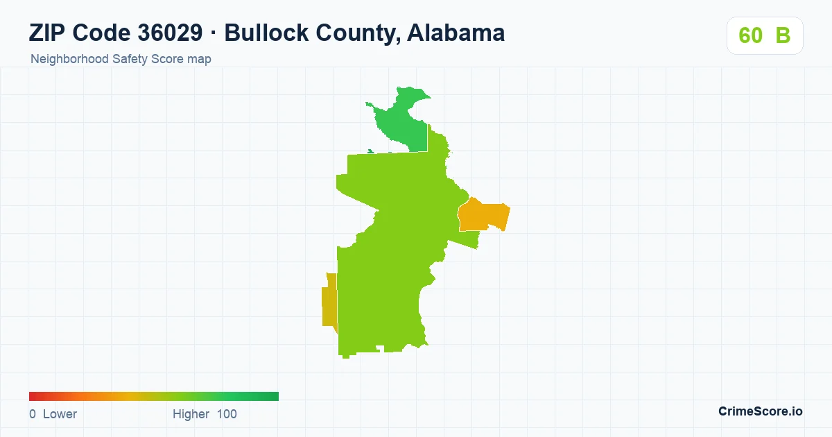 ZIP Code 36029 in Bullock County, Alabama neighborhood Safety Score map