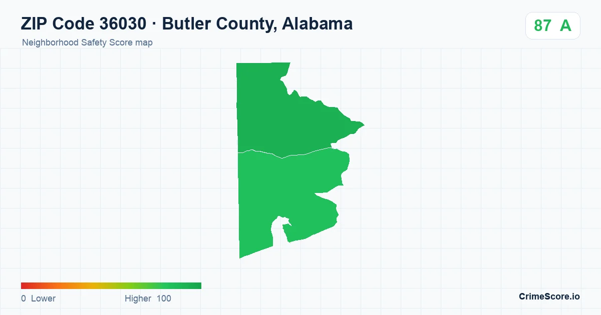 ZIP Code 36030 in Butler County, Alabama neighborhood Safety Score map