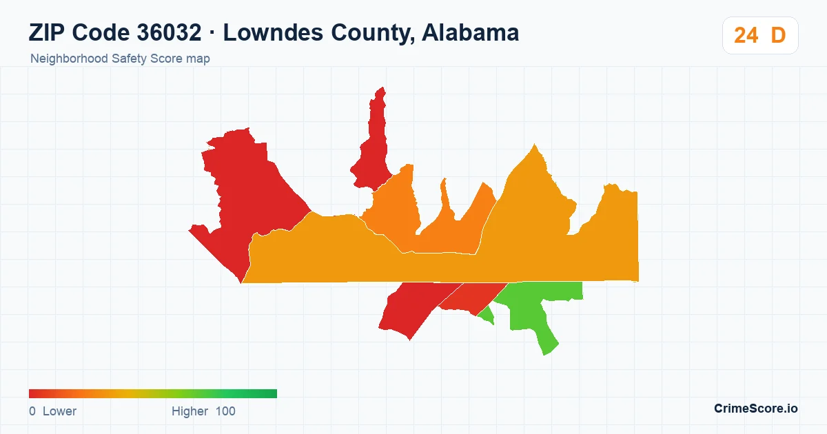 ZIP Code 36032 in Lowndes County, Alabama neighborhood Safety Score map