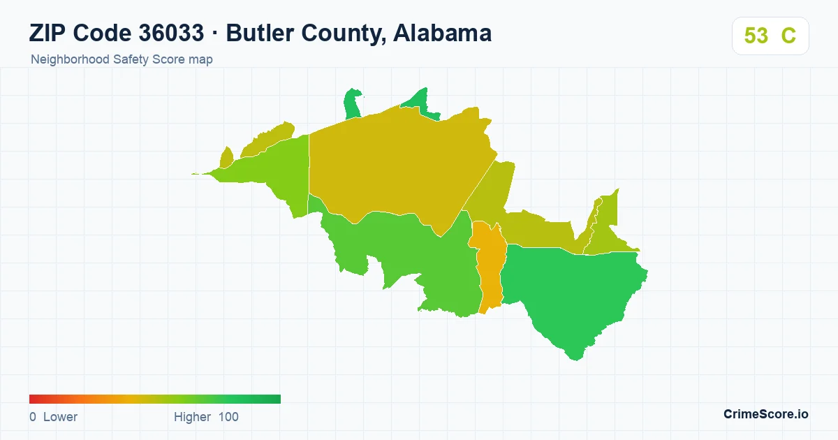 ZIP Code 36033 in Butler County, Alabama neighborhood Safety Score map