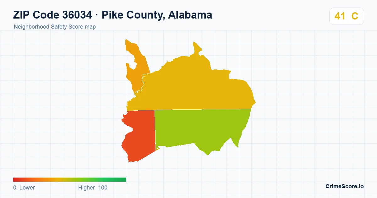 ZIP Code 36034 in Pike County, Alabama neighborhood Safety Score map