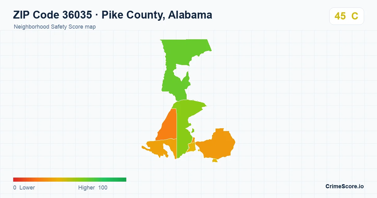 ZIP Code 36035 in Pike County, Alabama neighborhood Safety Score map