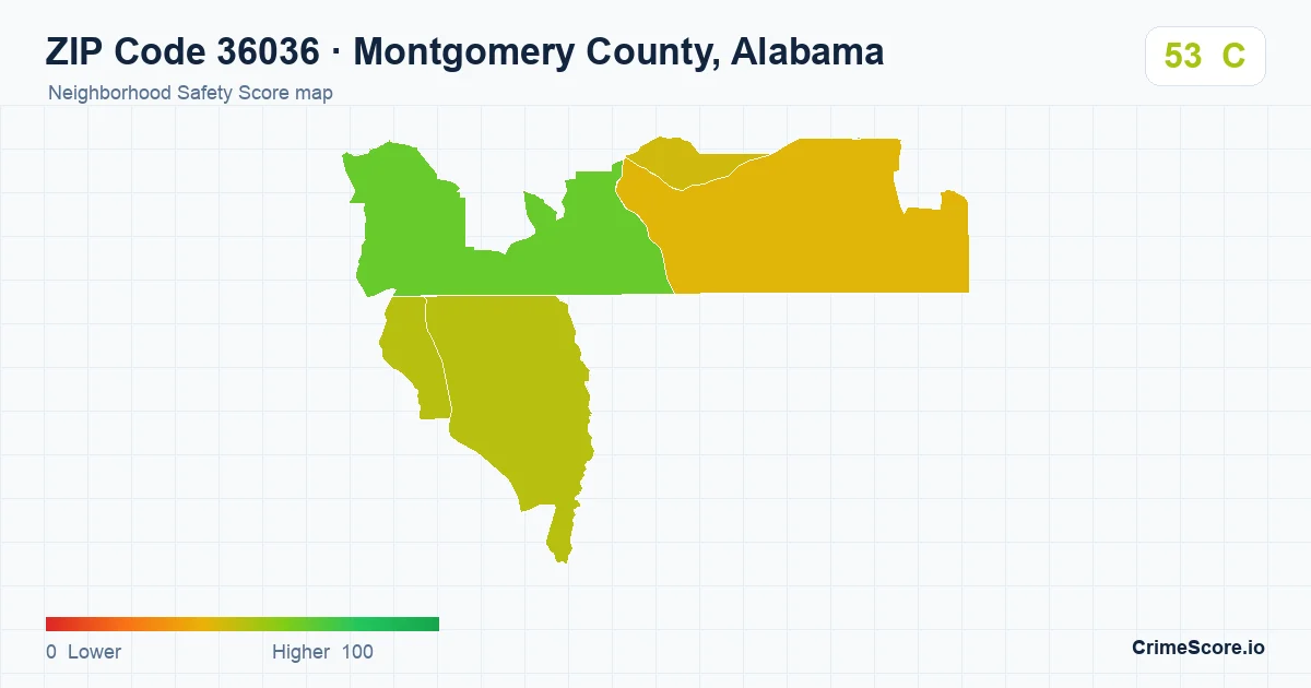 ZIP Code 36036 in Montgomery County, Alabama neighborhood Safety Score map