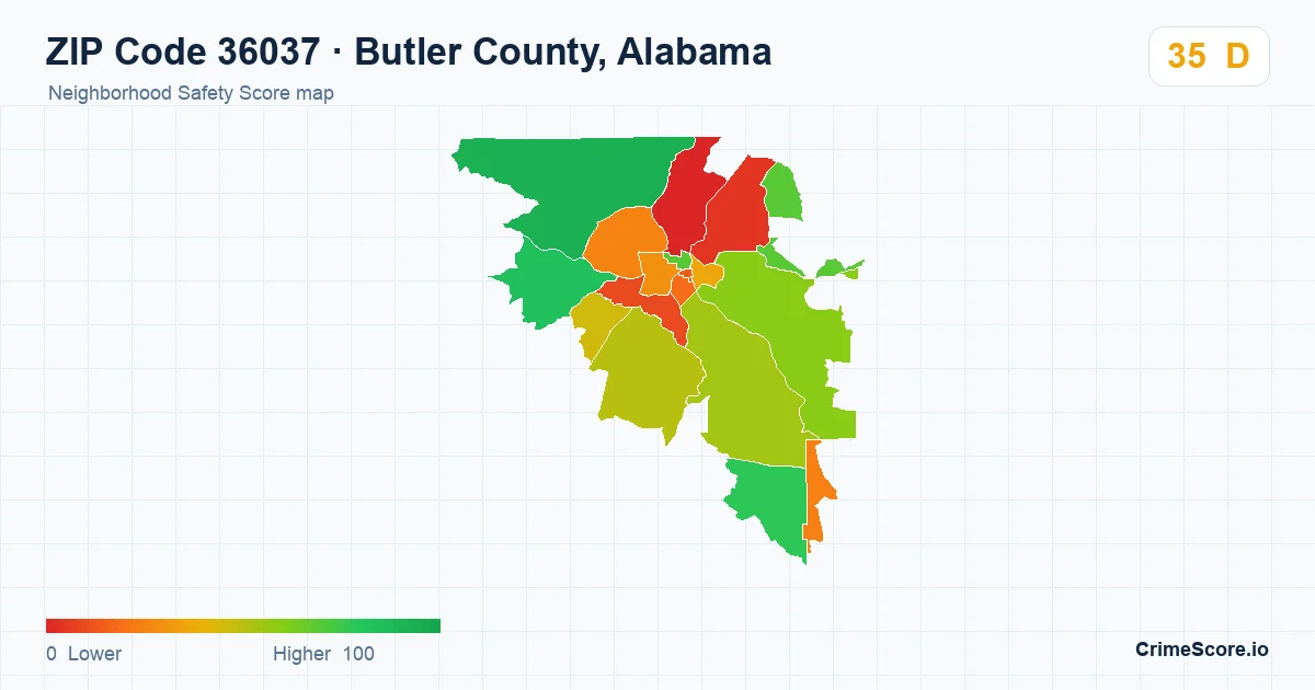 ZIP Code 36037 in Butler County, Alabama neighborhood Safety Score map