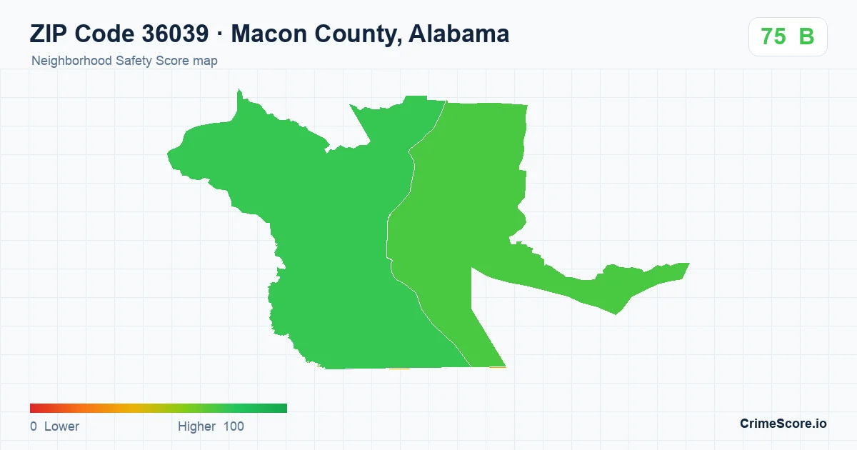 ZIP Code 36039 in Macon County, Alabama neighborhood Safety Score map