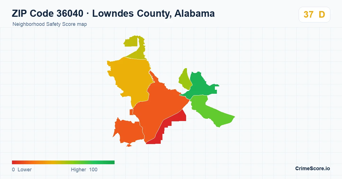 ZIP Code 36040 in Lowndes County, Alabama neighborhood Safety Score map
