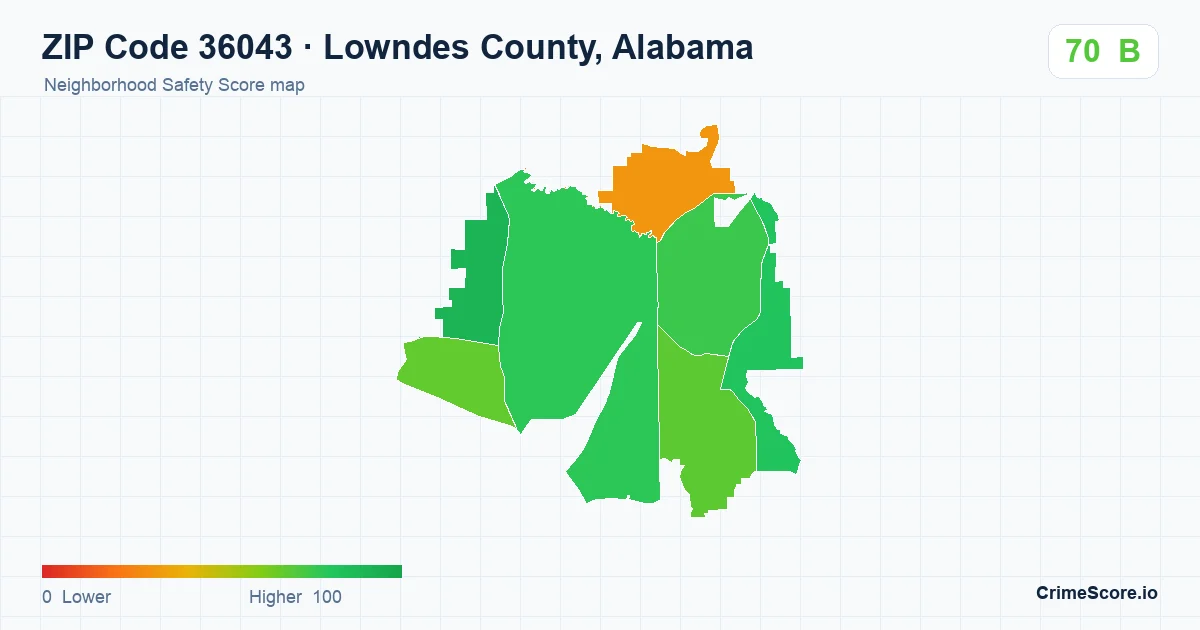 ZIP Code 36043 in Lowndes County, Alabama neighborhood Safety Score map