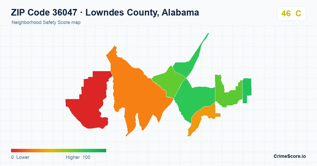 ZIP Code 36047 in Lowndes County, Alabama neighborhood Safety Score map