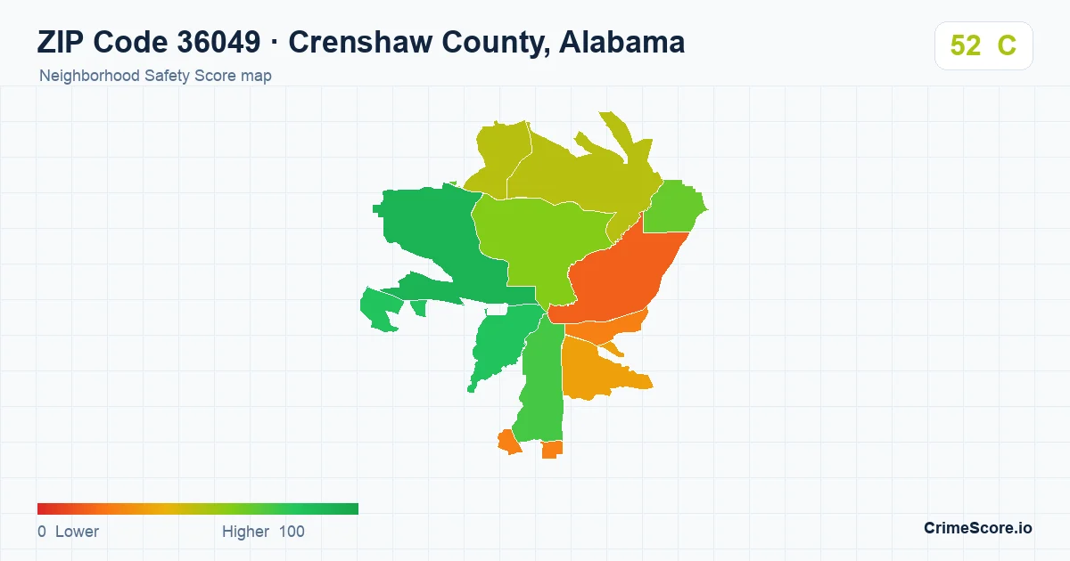 ZIP Code 36049 in Crenshaw County, Alabama neighborhood Safety Score map