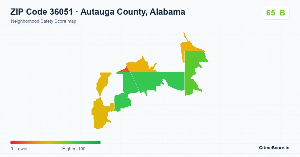 ZIP Code 36051 in Autauga County, Alabama neighborhood Safety Score map