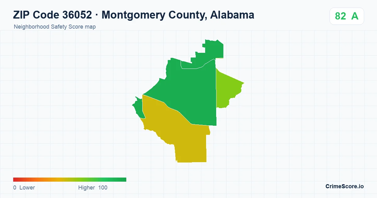 ZIP Code 36052 in Montgomery County, Alabama neighborhood Safety Score map