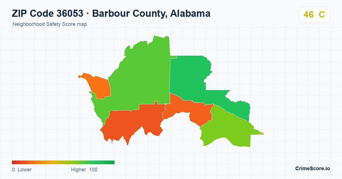 ZIP Code 36053 in Barbour County, Alabama neighborhood Safety Score map