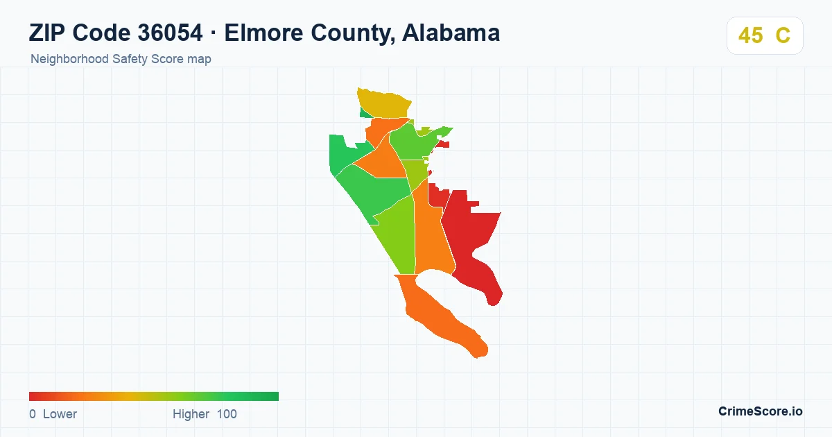 ZIP Code 36054 in Elmore County, Alabama neighborhood Safety Score map