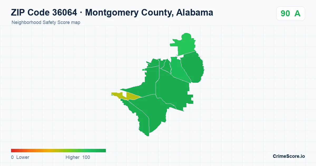 ZIP Code 36064 in Montgomery County, Alabama neighborhood Safety Score map