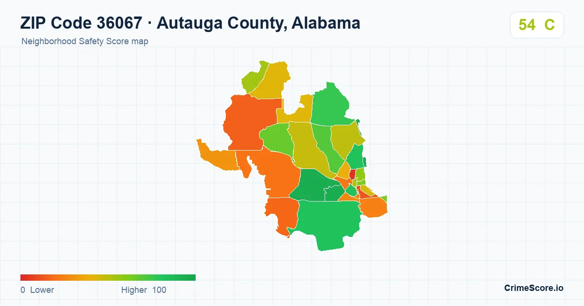ZIP Code 36067 in Autauga County, Alabama neighborhood Safety Score map