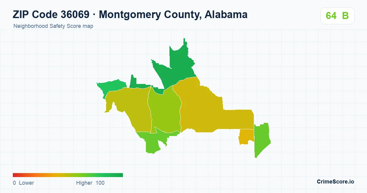 ZIP Code 36069 in Montgomery County, Alabama neighborhood Safety Score map