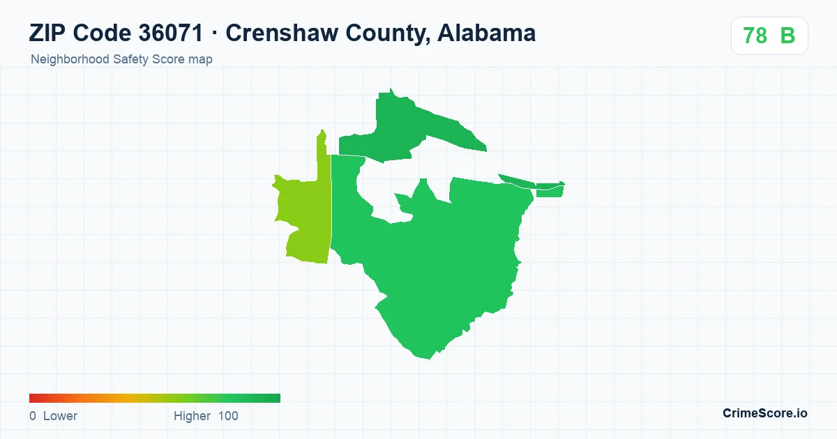ZIP Code 36071 in Crenshaw County, Alabama neighborhood Safety Score map