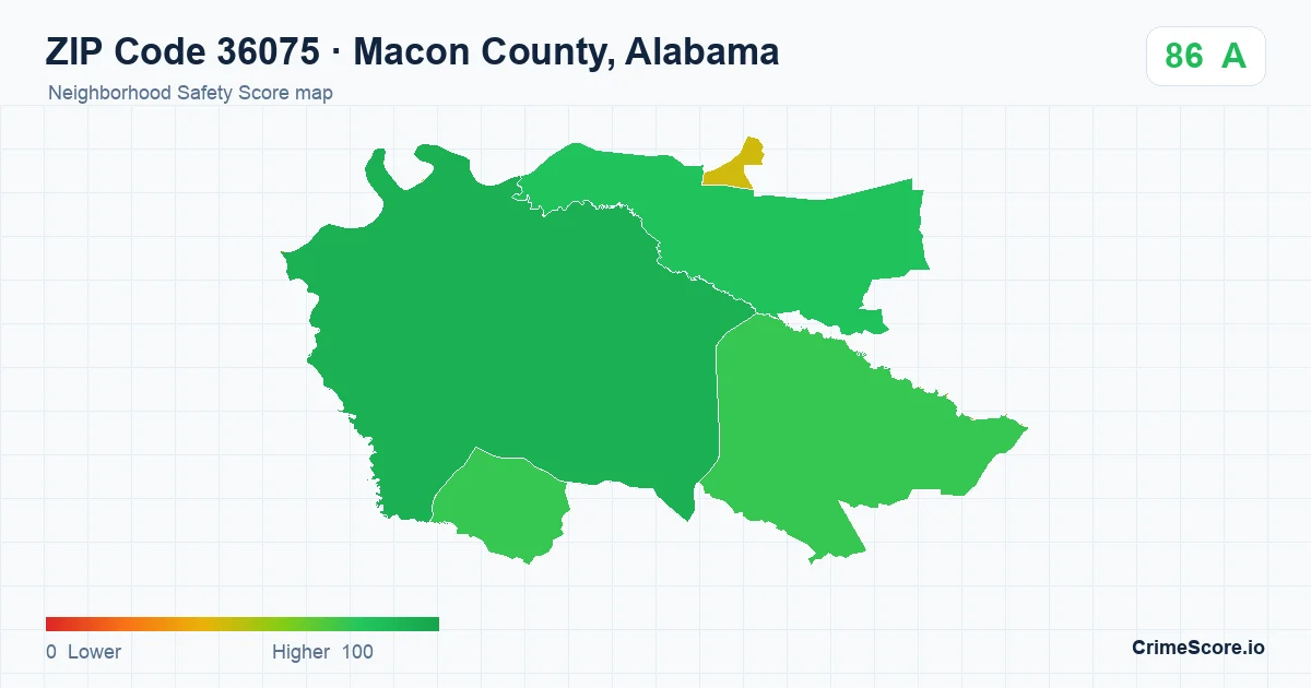 ZIP Code 36075 in Macon County, Alabama neighborhood Safety Score map