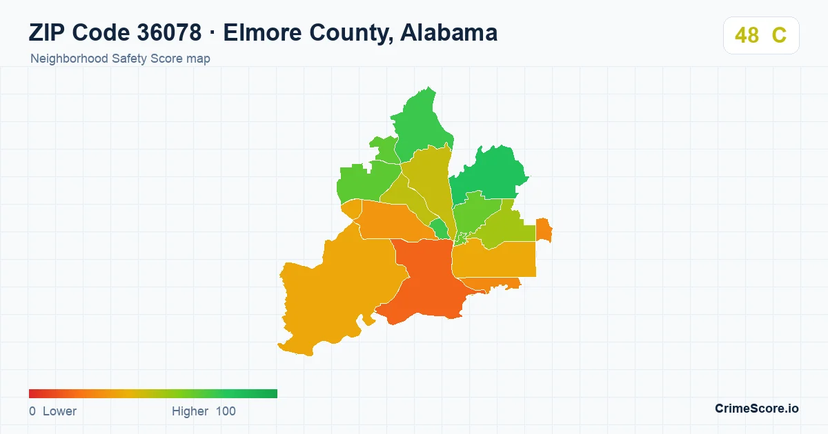 ZIP Code 36078 in Elmore County, Alabama neighborhood Safety Score map