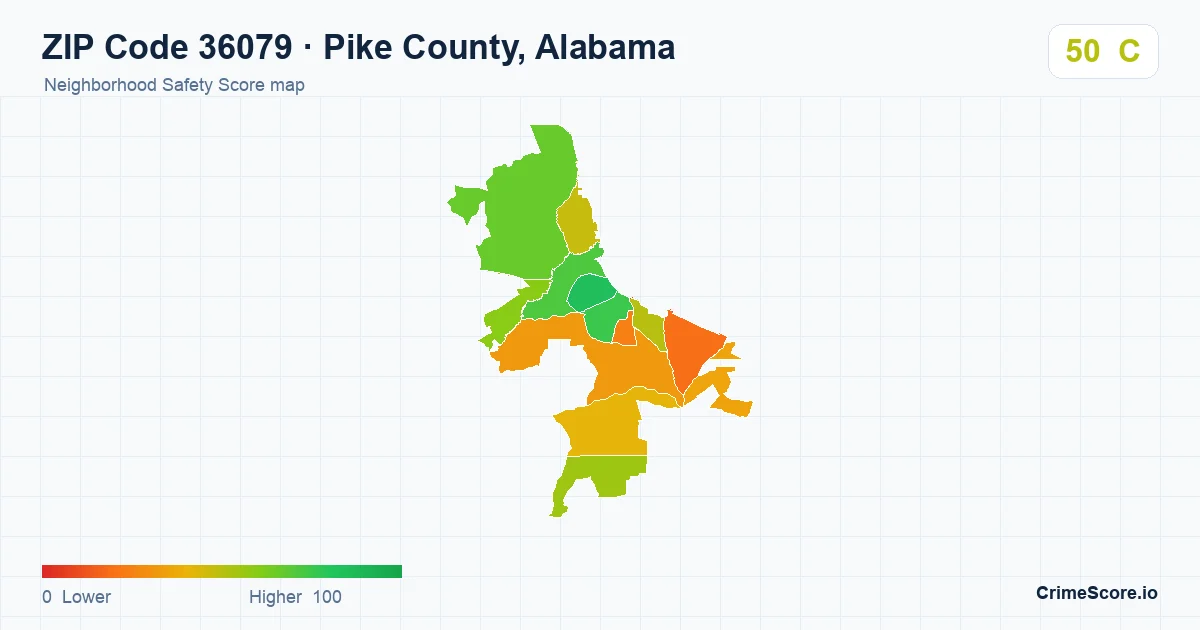 ZIP Code 36079 in Pike County, Alabama neighborhood Safety Score map