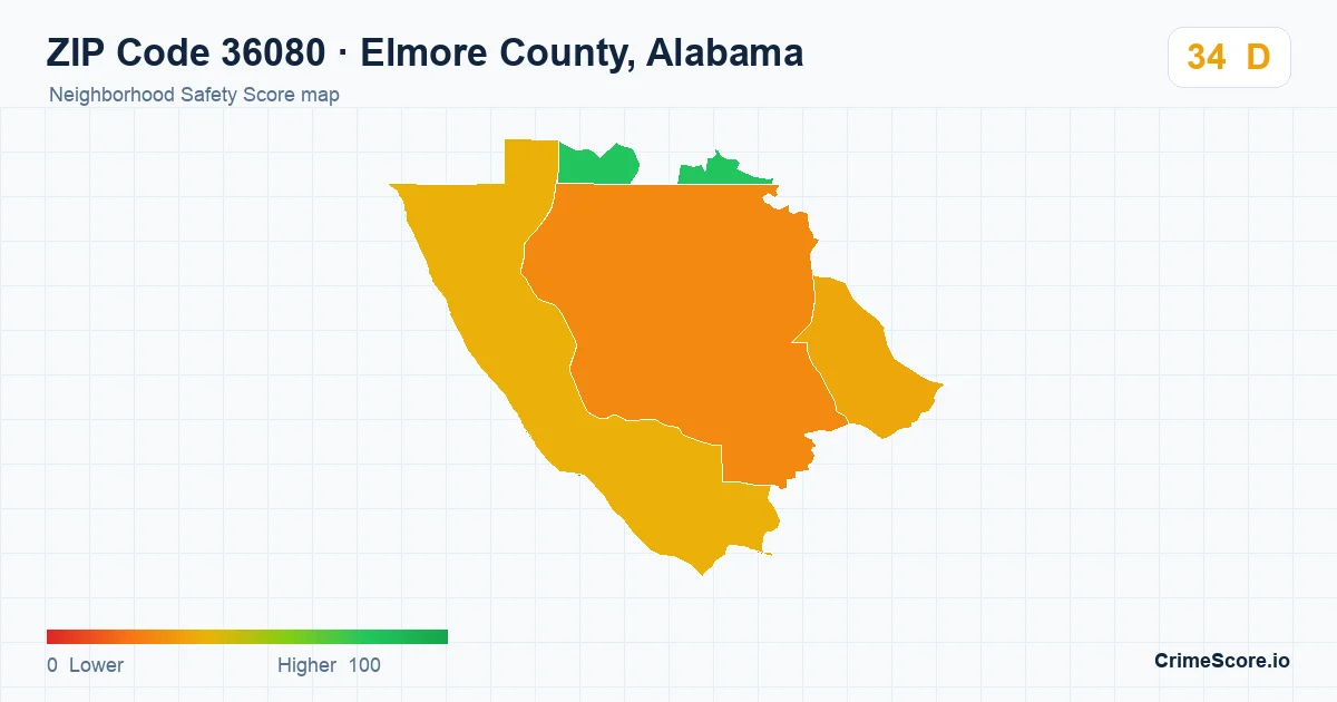 ZIP Code 36080 in Elmore County, Alabama neighborhood Safety Score map