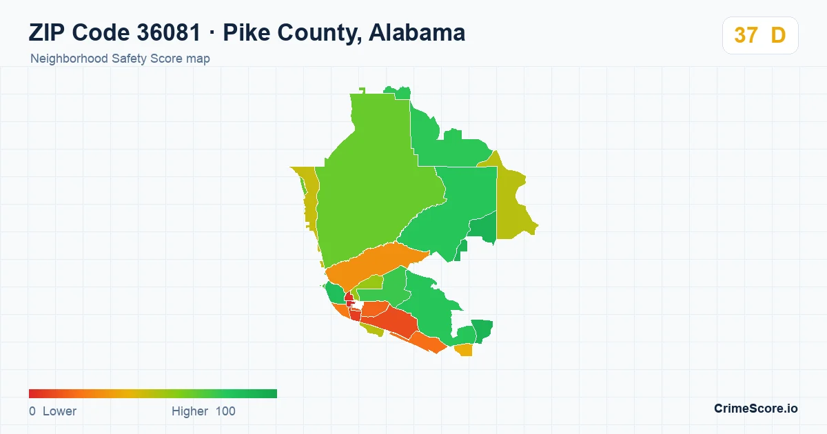 ZIP Code 36081 in Pike County, Alabama neighborhood Safety Score map
