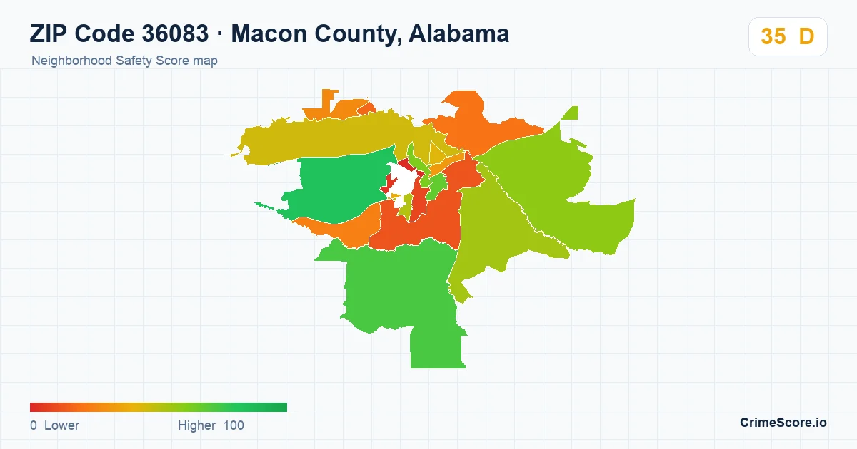 ZIP Code 36083 in Macon County, Alabama neighborhood Safety Score map